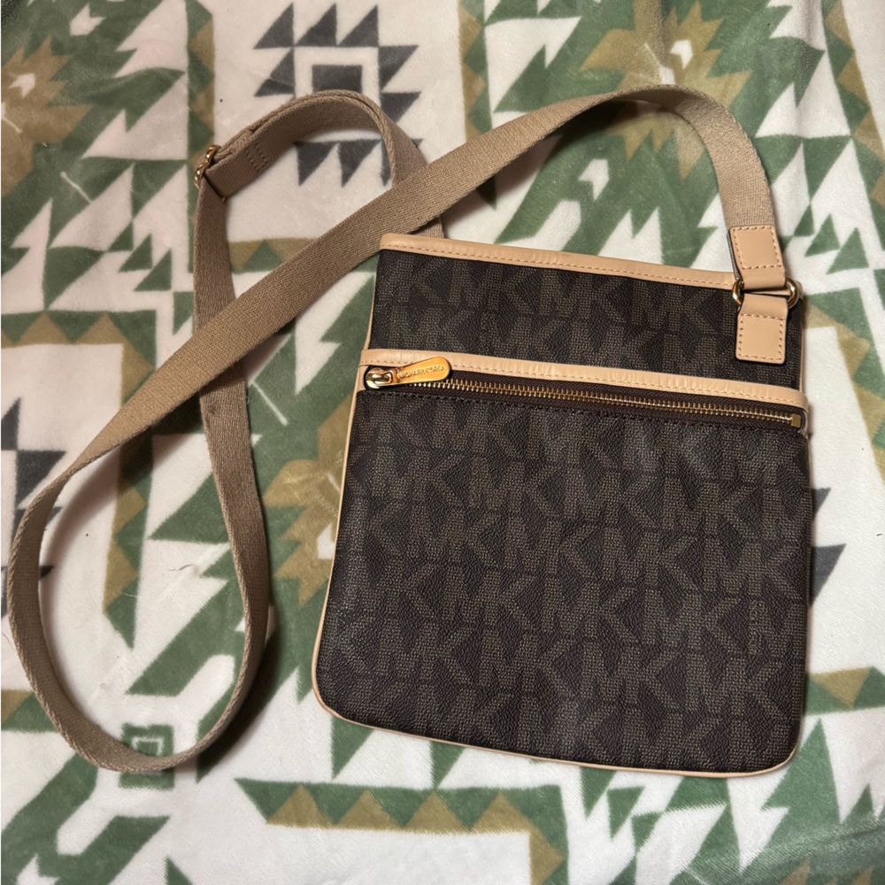 Michael Kors Brown Monogram Crossbody with Tan Trim
